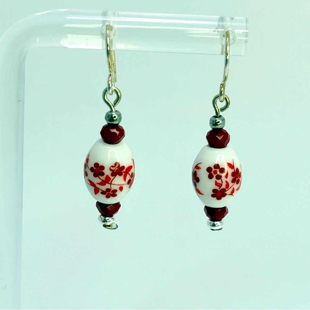 Artisan Dainty Red Floral Painted Porcelain Earrings